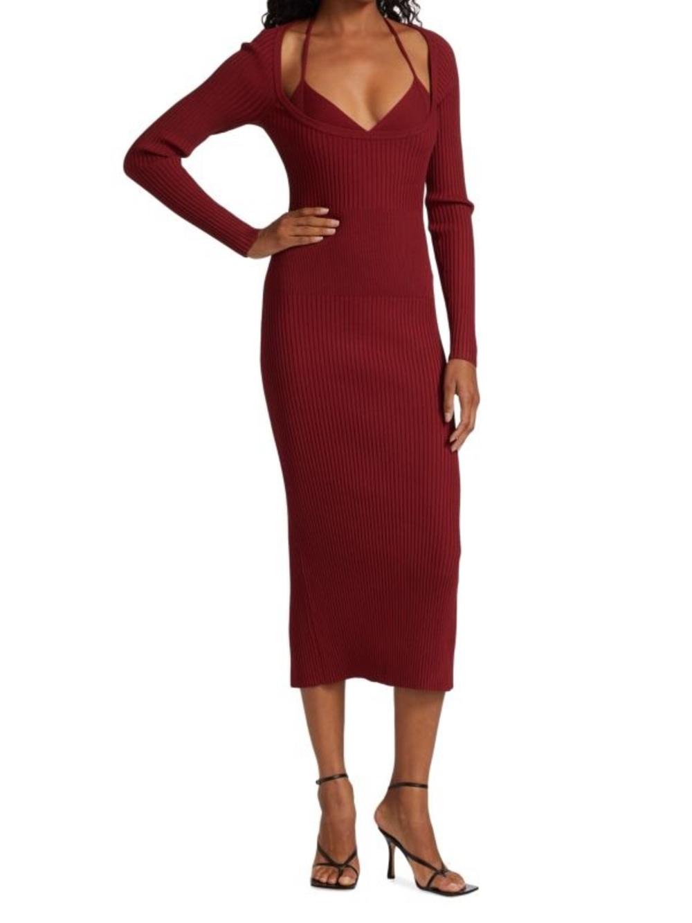 Jonathan Simkhai Ribbed V‑Neck Long Sleeve Midi Dress in Burgundy